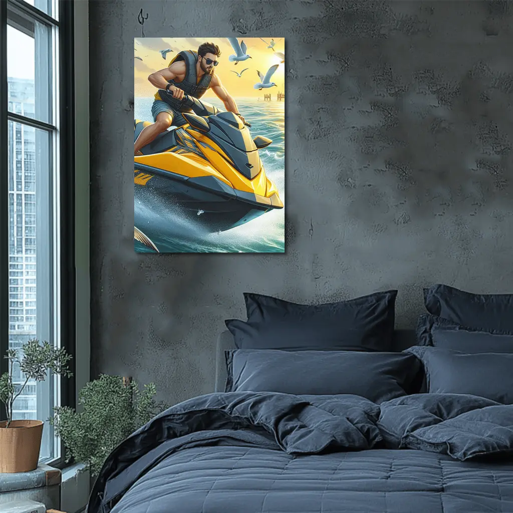 Man Riding Yellow Jet Ski Ocean Sunset – Wall Art