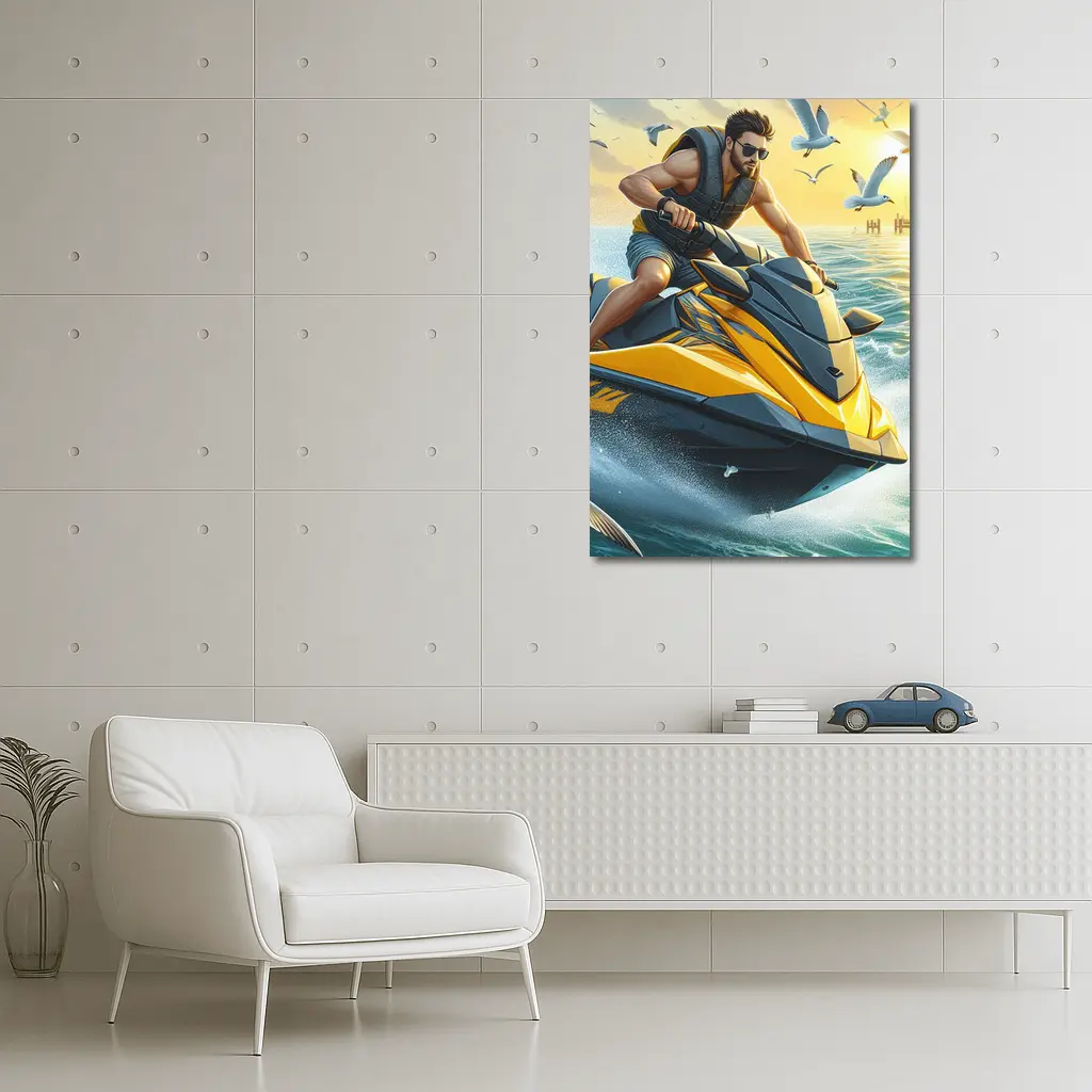 Man Riding Yellow Jet Ski Ocean Sunset – Wall Art