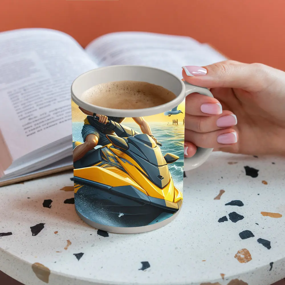 Man Riding Yellow Jet Ski Ocean Sunset – Mugs