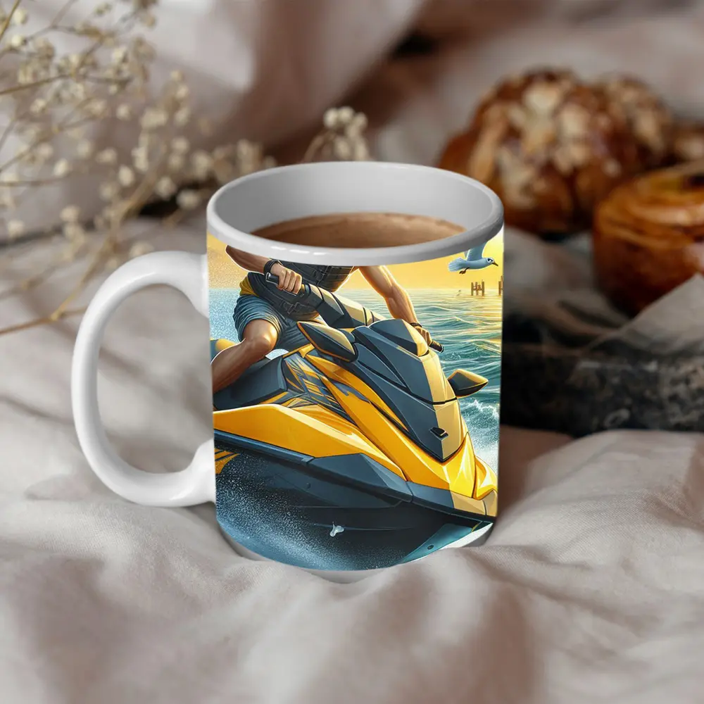 Man Riding Yellow Jet Ski Ocean Sunset – Mugs
