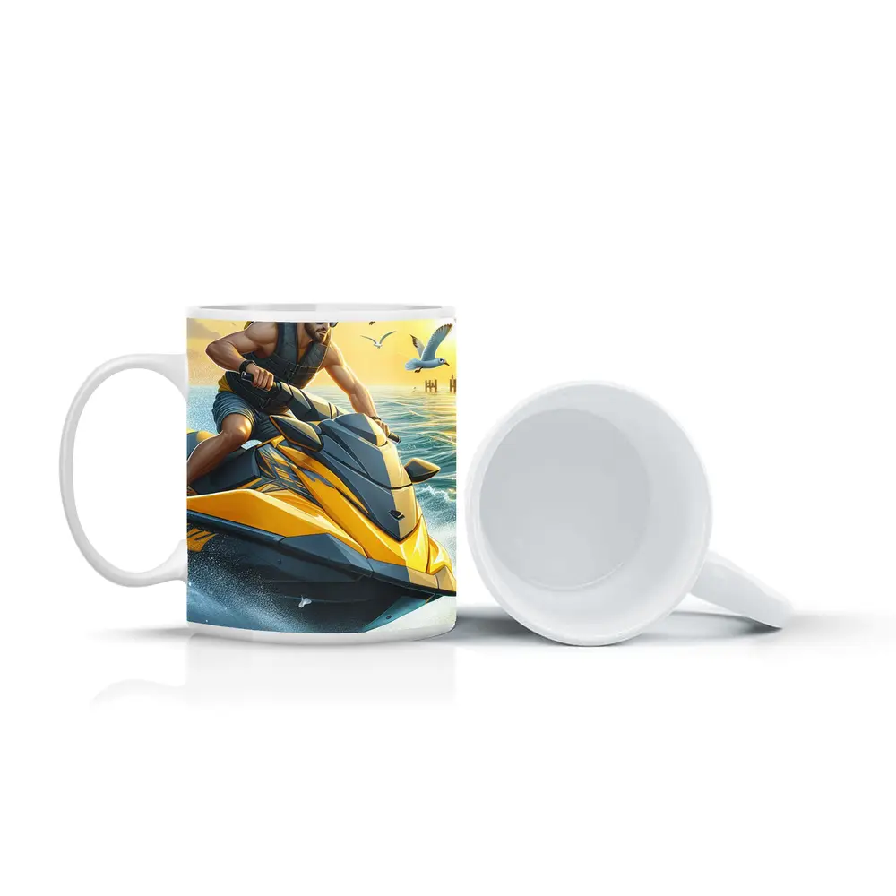 Man Riding Yellow Jet Ski Ocean Sunset – Mugs