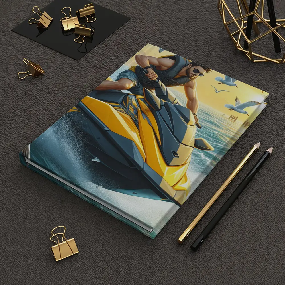 Man Riding Yellow Jet Ski Ocean Sunset – Notebooks
