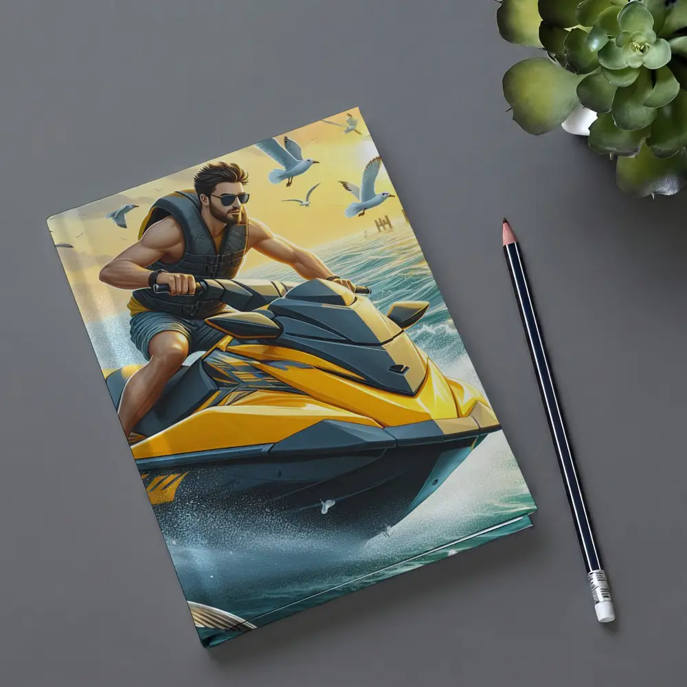 Man Riding Yellow Jet Ski Ocean Sunset – Notebooks