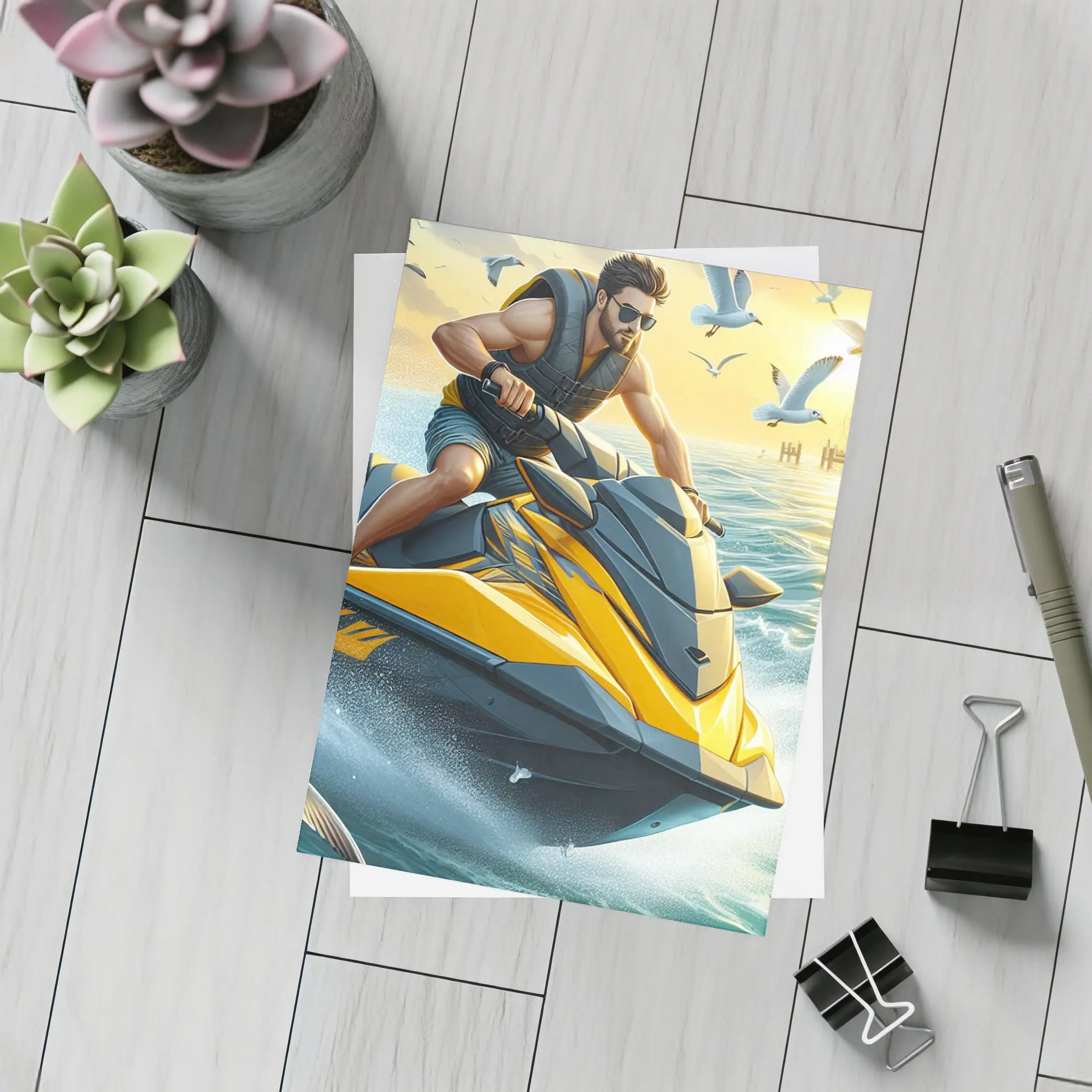 Man Riding Yellow Jet Ski Ocean Sunset – Postcards