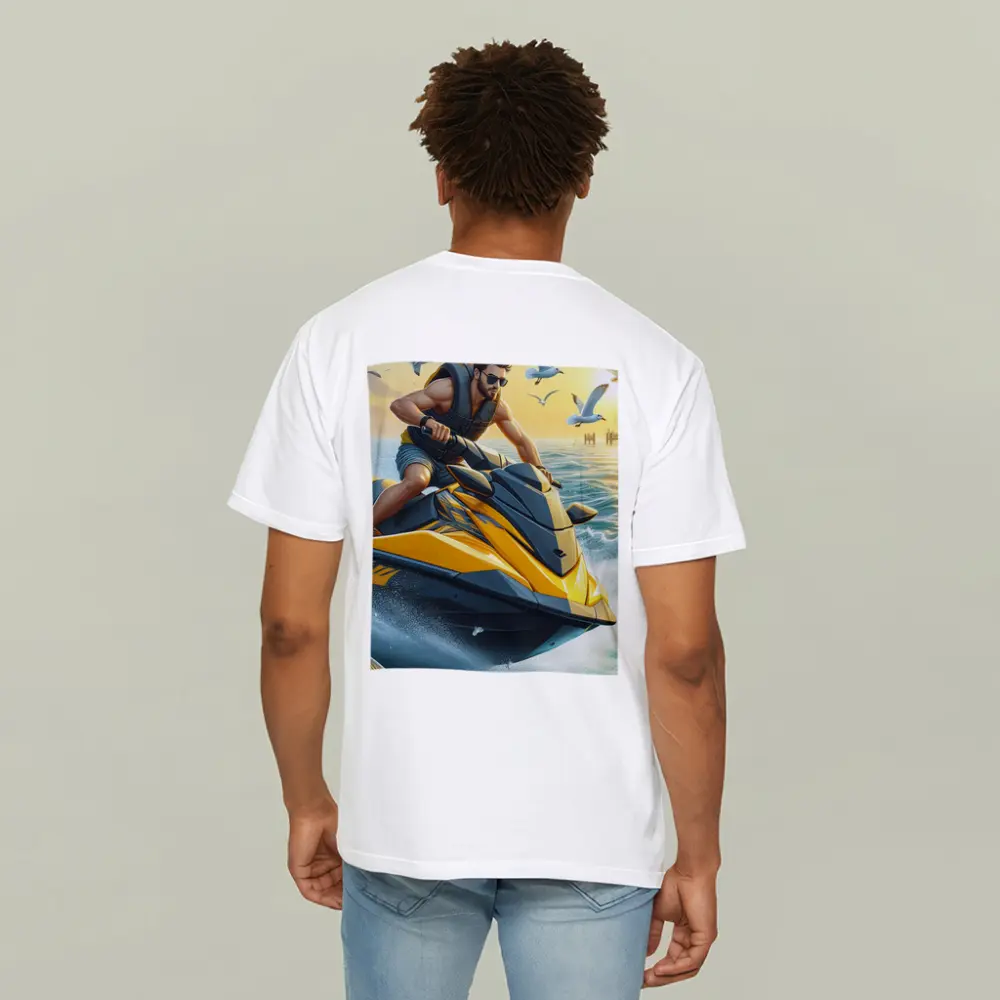 Man Riding Yellow Jet Ski Ocean Sunset – T-Shirts