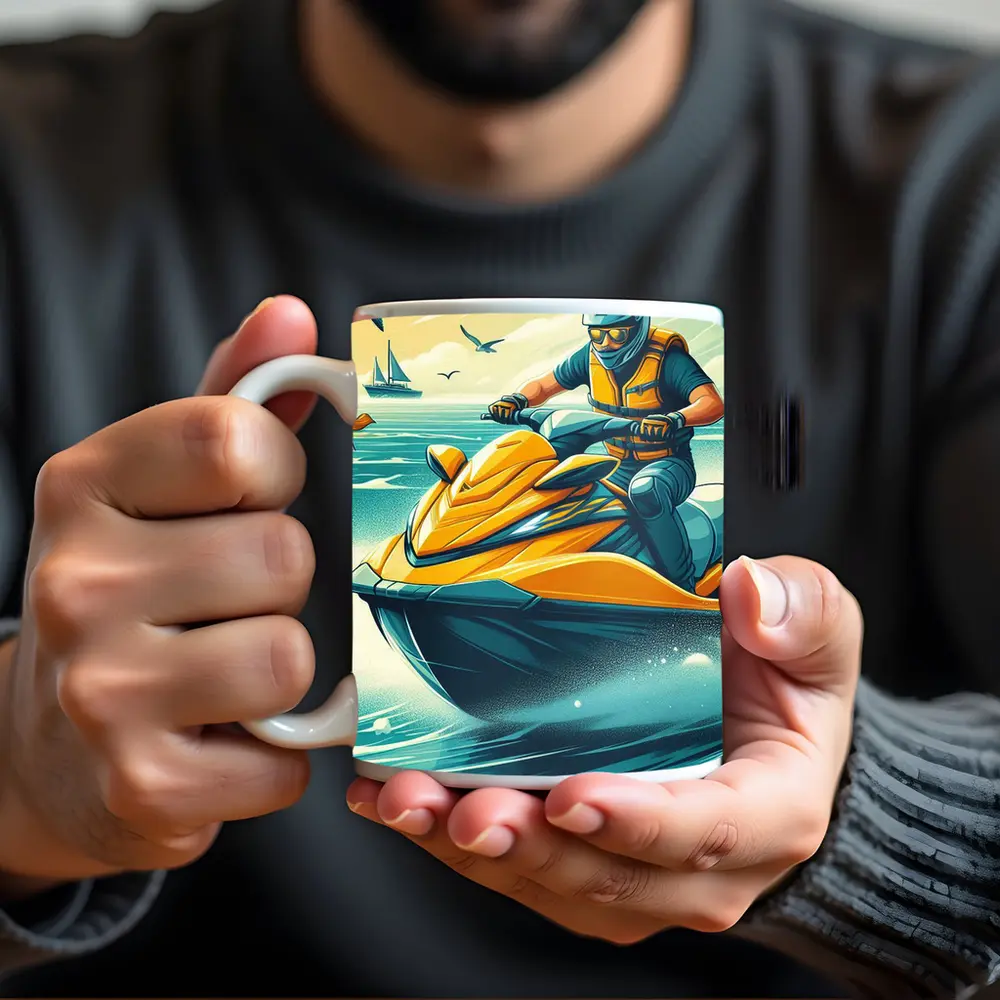 Jet Ski Rider Ocean Wave Retro Art – Mugs