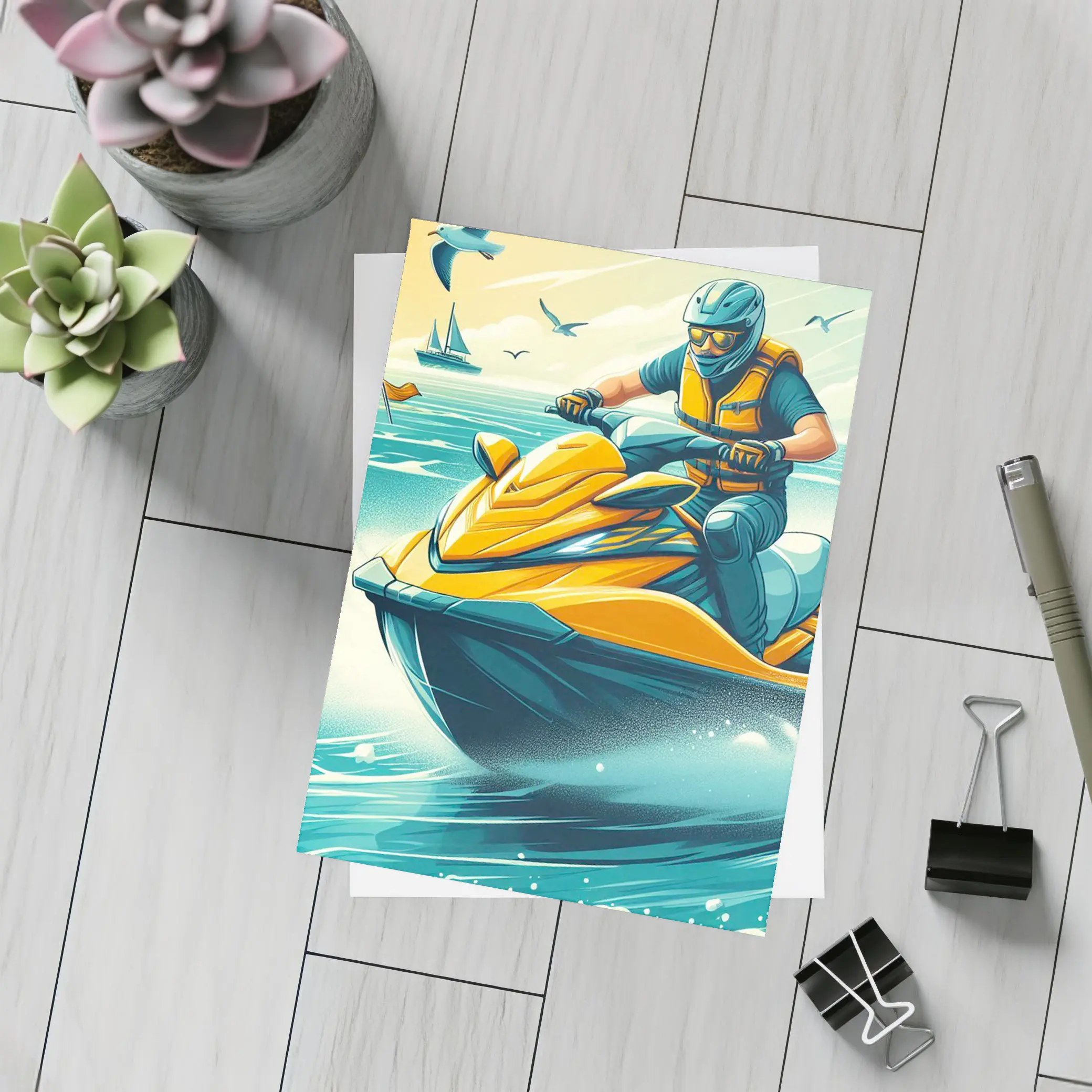 Jet Ski Rider Ocean Wave Retro Art – Postcards