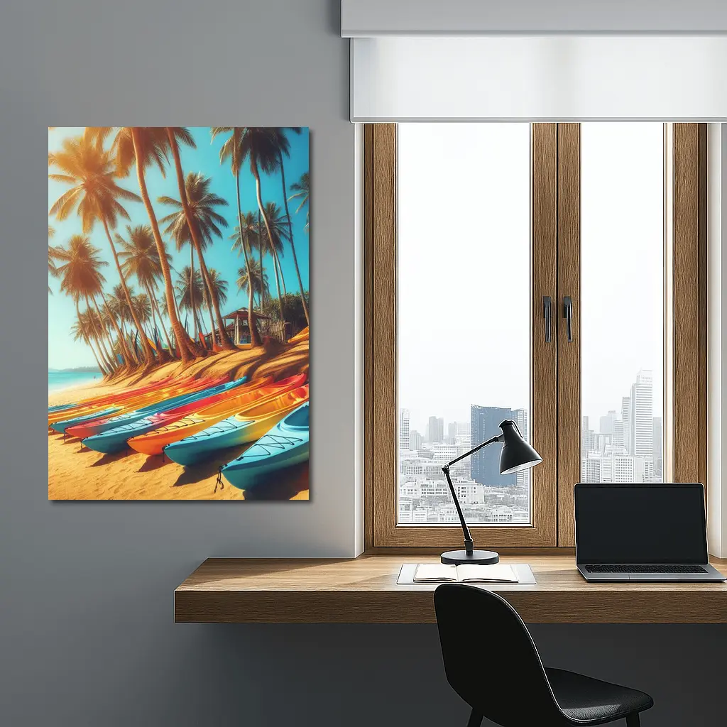 Colorful Kayaks on Tropical Palm Beach – Wall Art