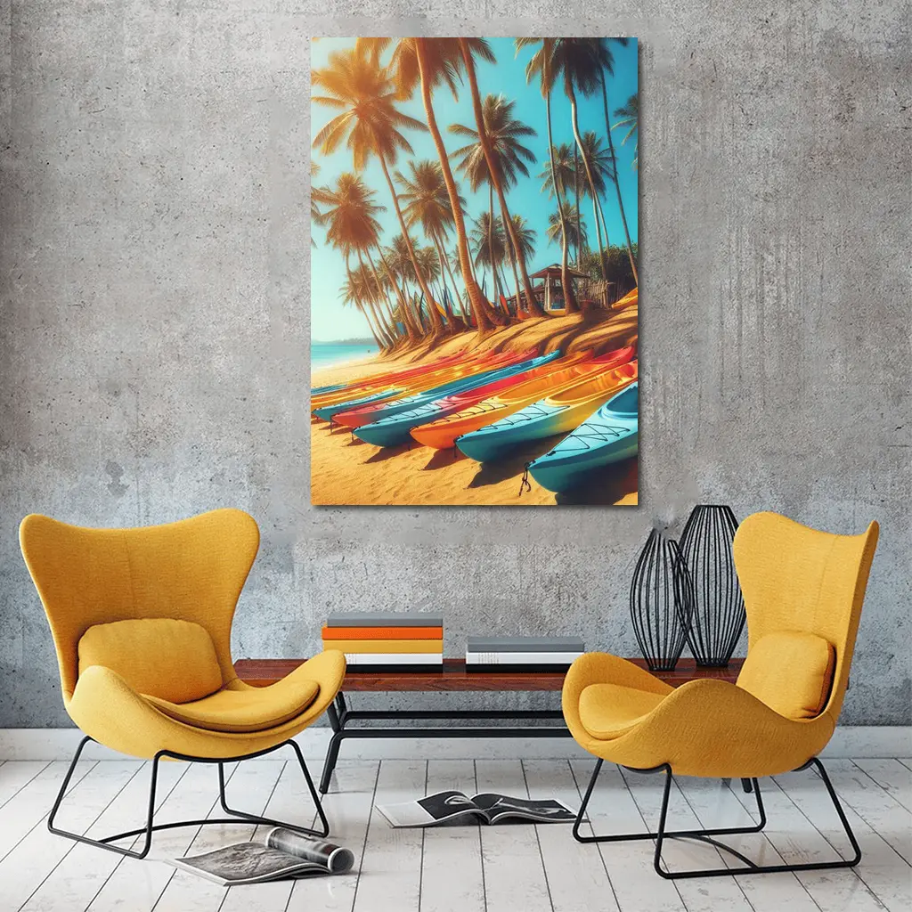 Colorful Kayaks on Tropical Palm Beach – Wall Art