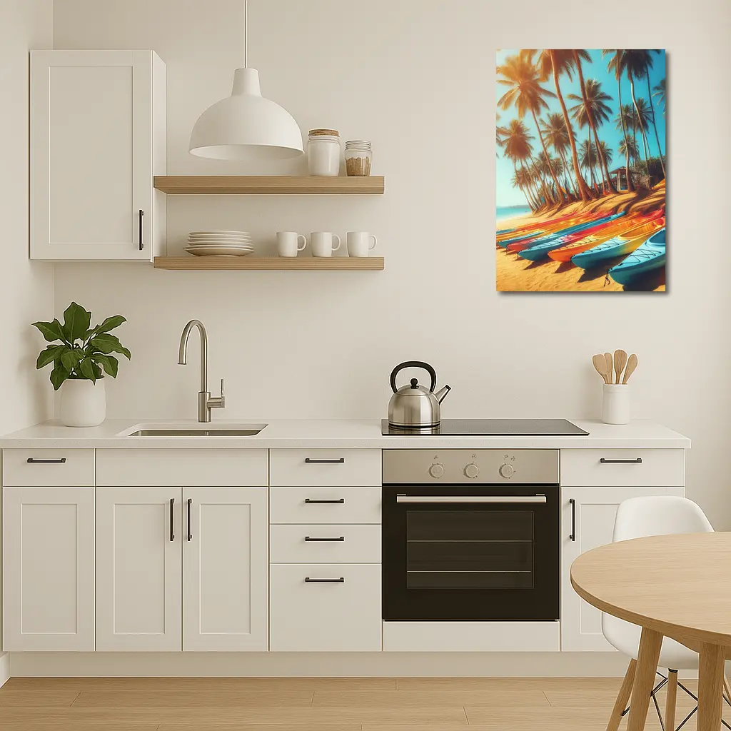 Colorful Kayaks on Tropical Palm Beach – Wall Art