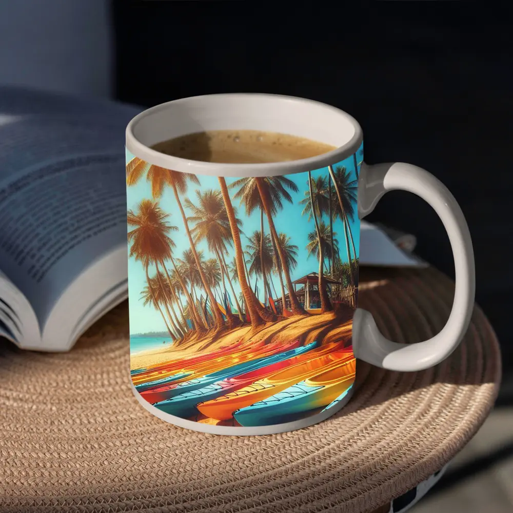 Colorful Kayaks on Tropical Palm Beach – Mugs
