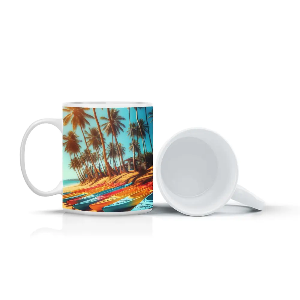 Colorful Kayaks on Tropical Palm Beach – Mugs