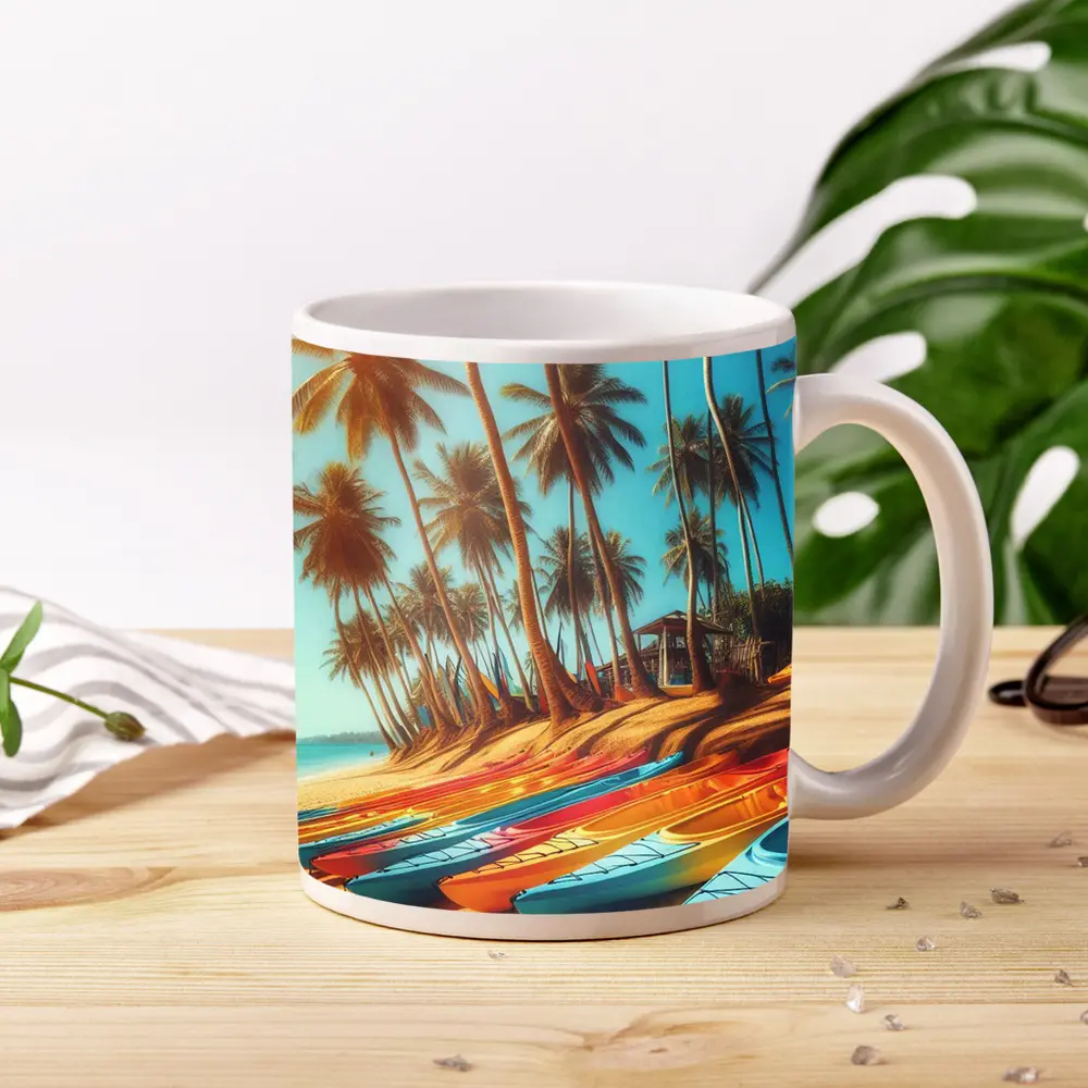 Colorful Kayaks on Tropical Palm Beach – Mugs
