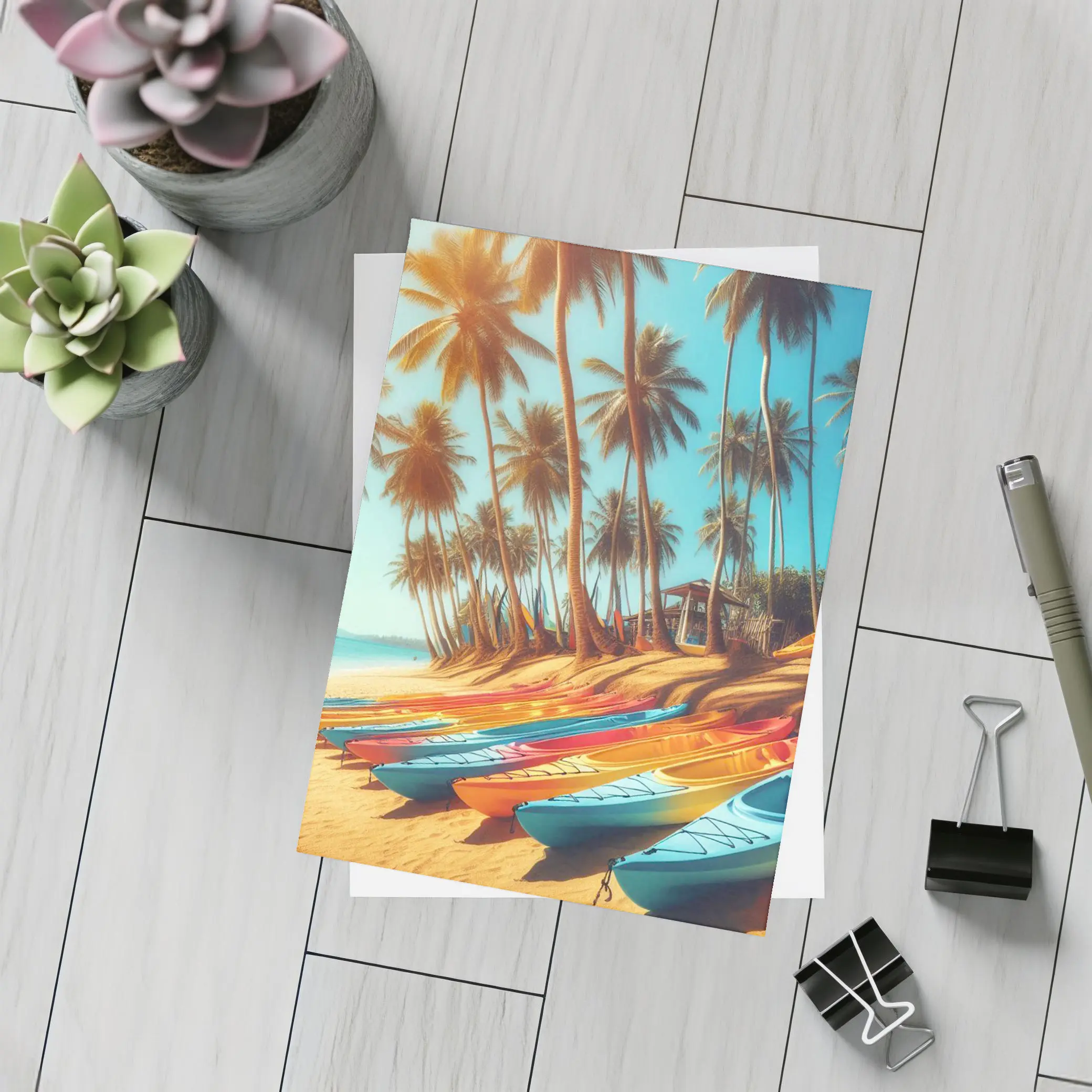 Colorful Kayaks on Tropical Palm Beach – Postcards