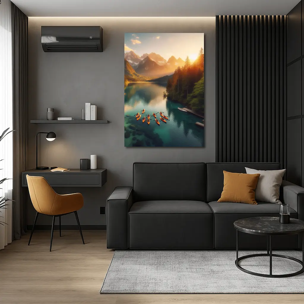 Kayaks on Mountain Lake at Sunset – Wall Art