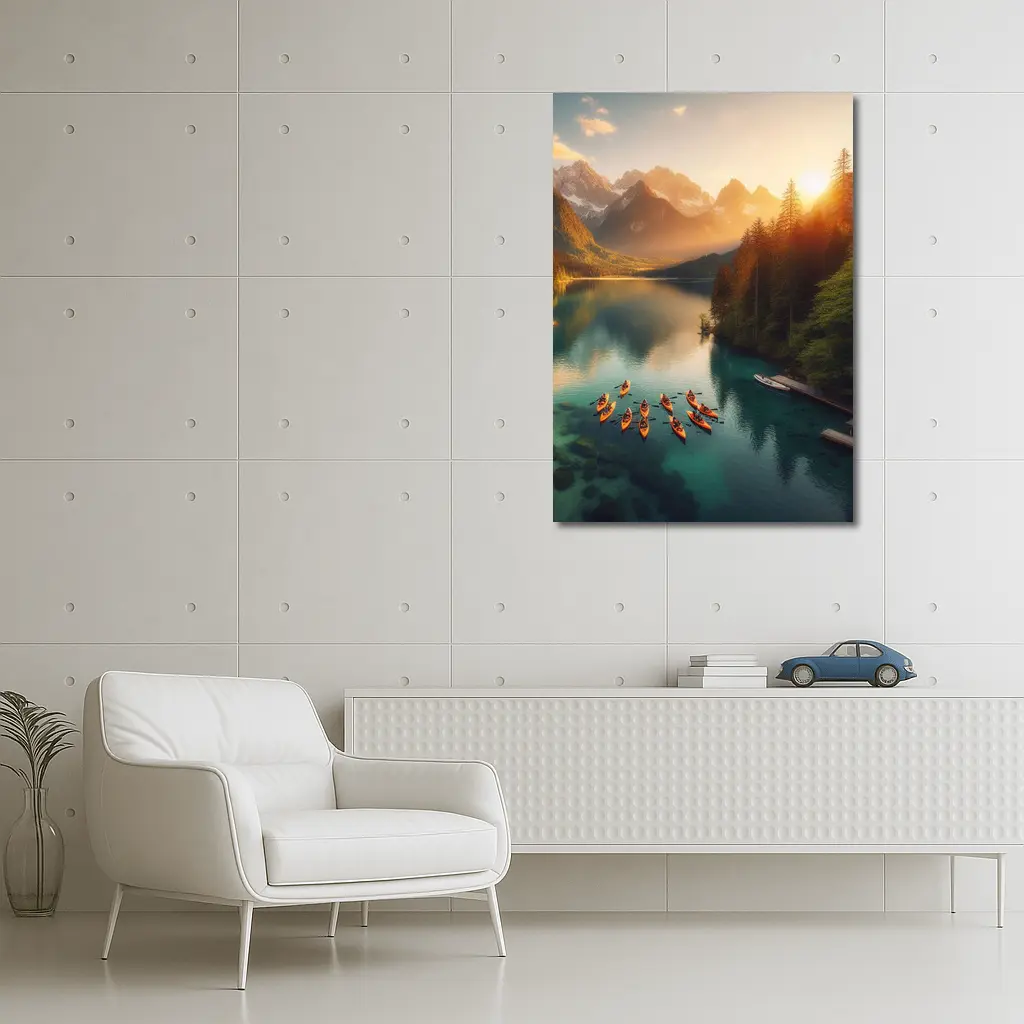 Kayaks on Mountain Lake at Sunset – Wall Art