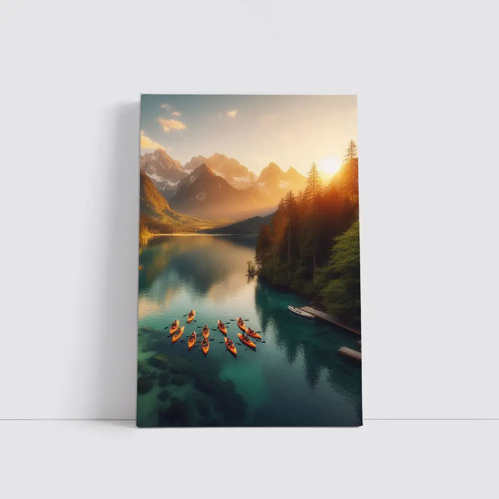 Kayaks on Mountain Lake at Sunset – Wall Art