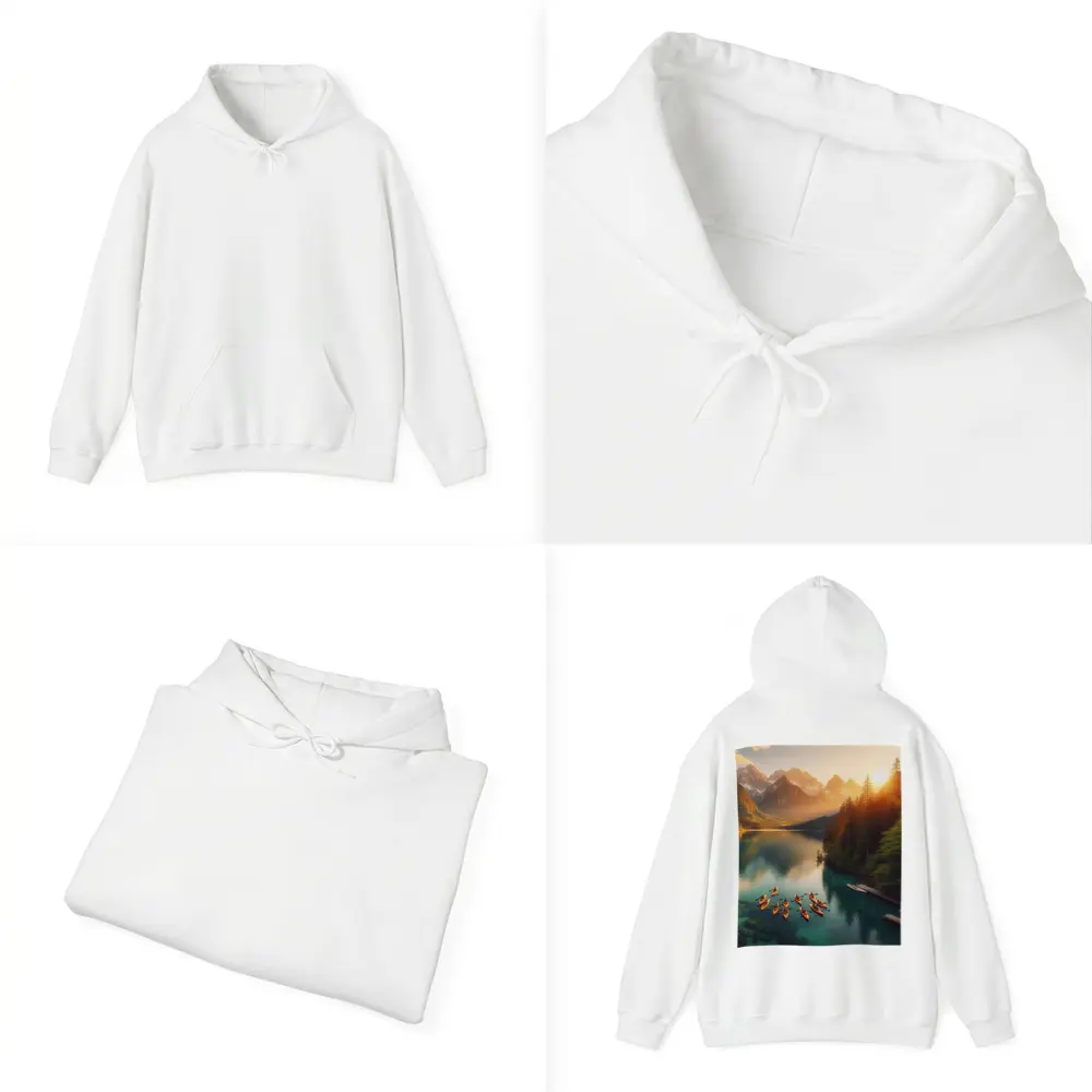 Kayaks on Mountain Lake at Sunset – Hoodies