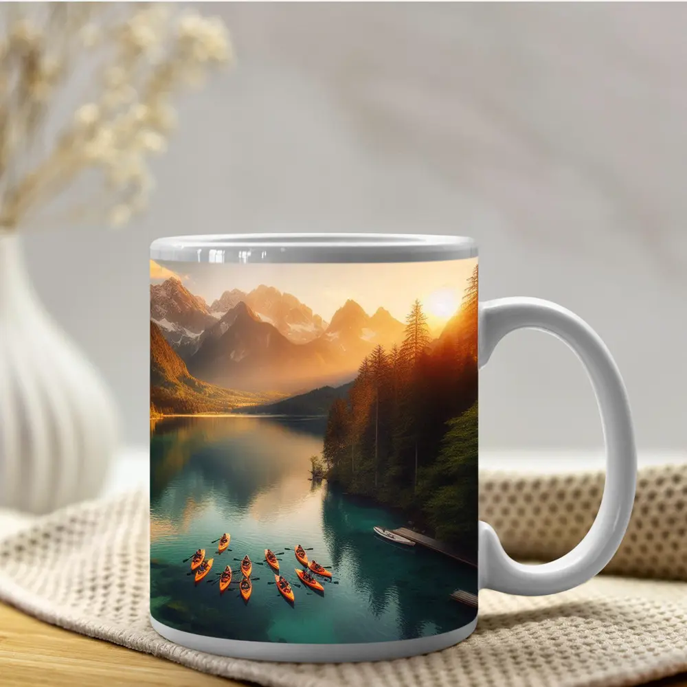 Kayaks on Mountain Lake at Sunset – Mugs