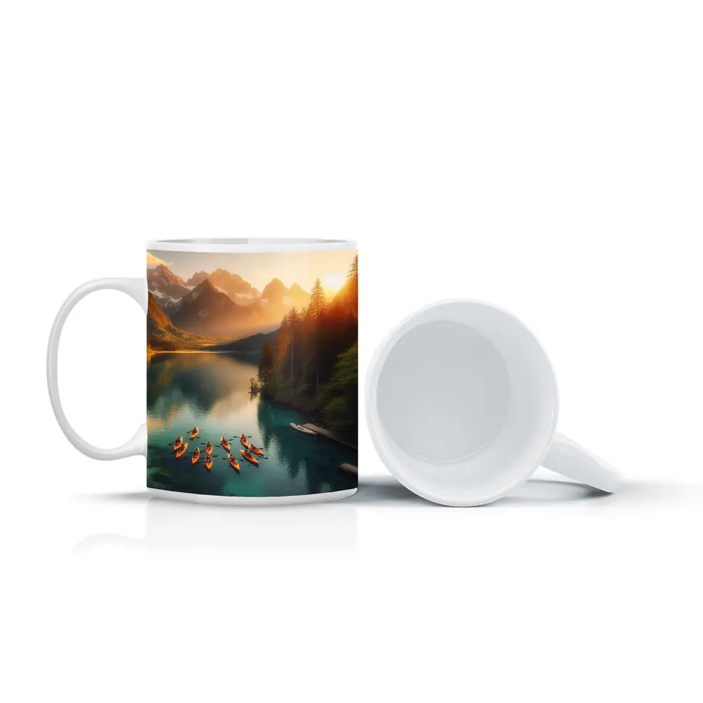 Kayaks on Mountain Lake at Sunset – Mugs