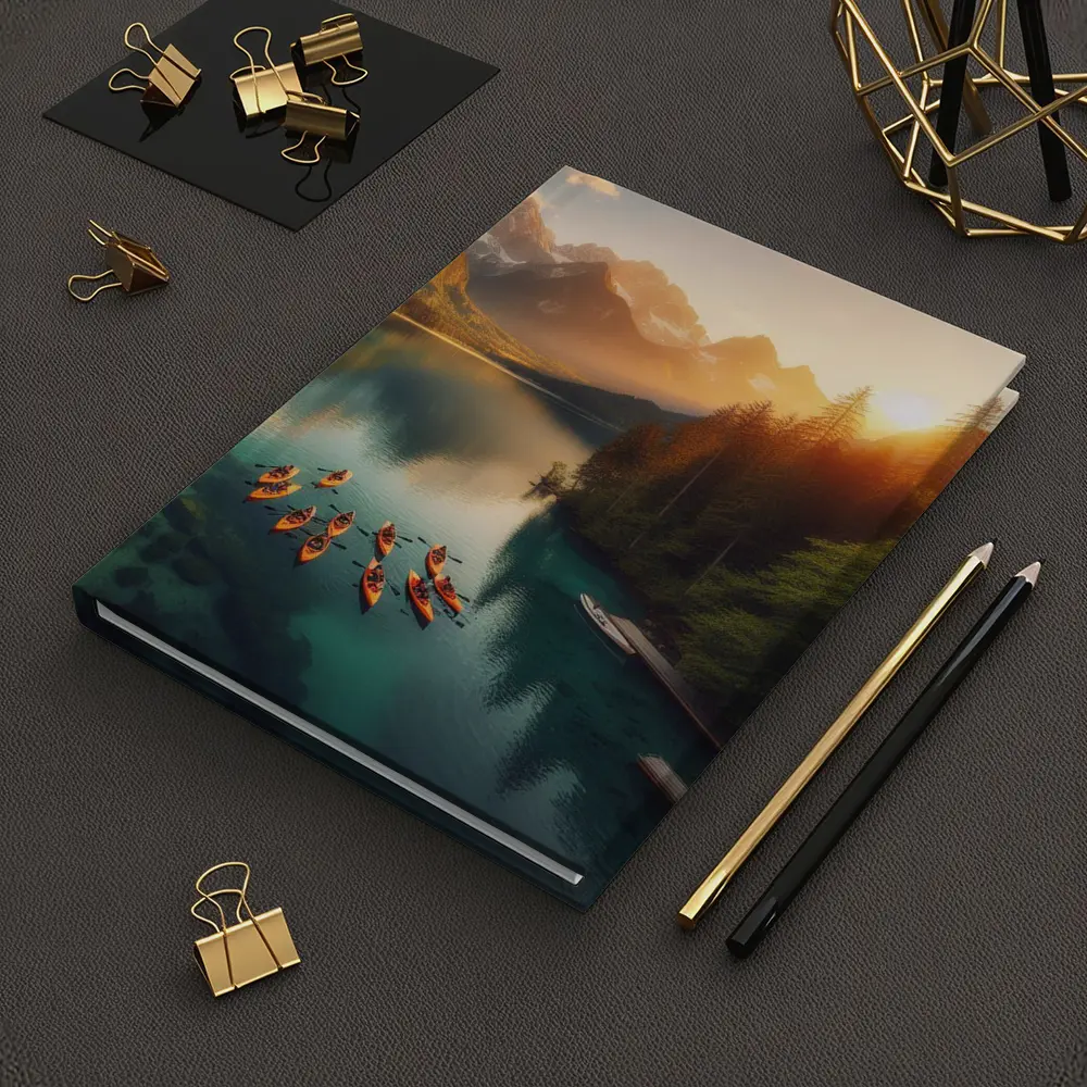 Kayaks on Mountain Lake at Sunset – Notebooks