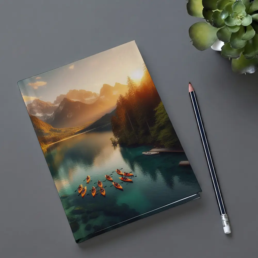 Kayaks on Mountain Lake at Sunset – Notebooks