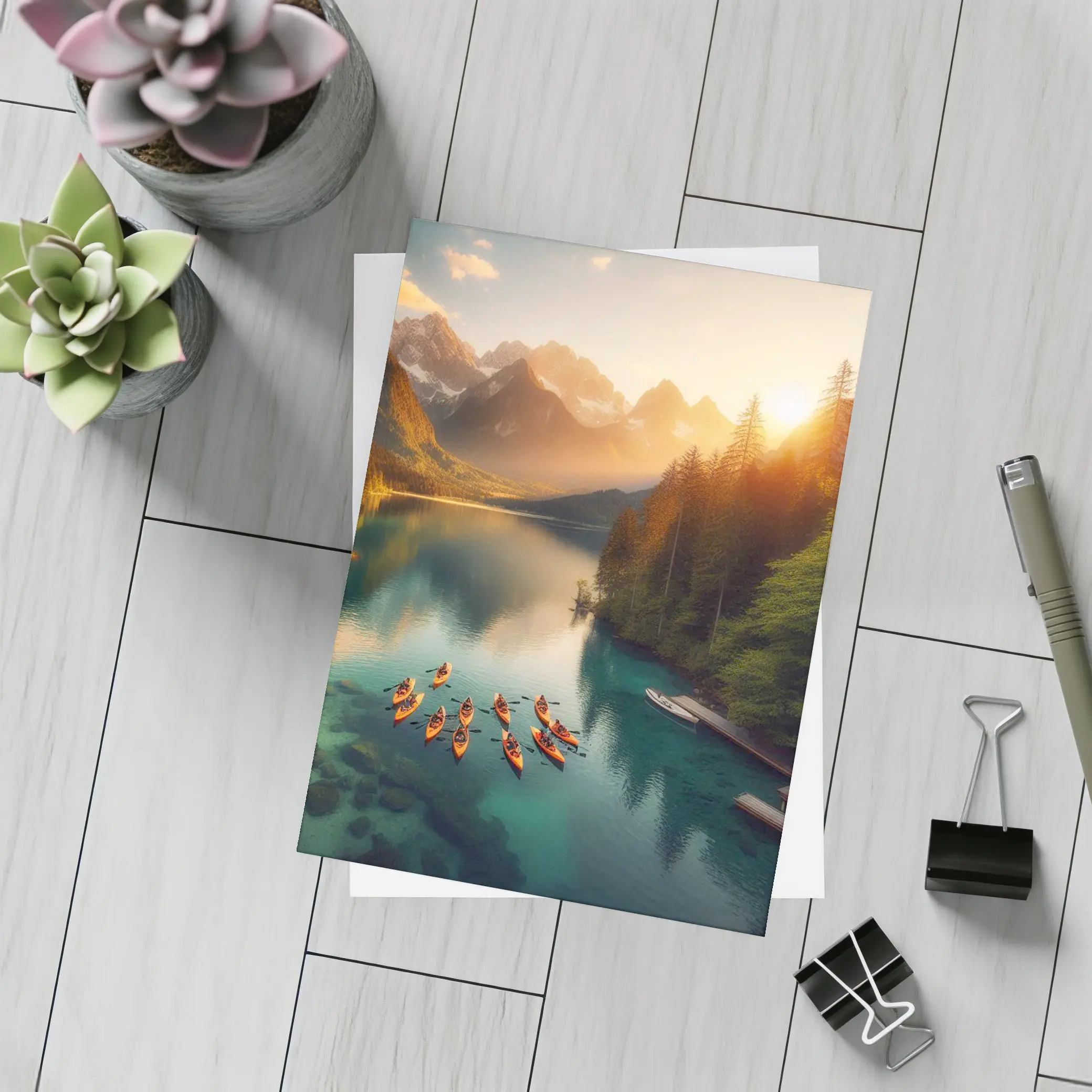 Kayaks on Mountain Lake at Sunset – Postcards