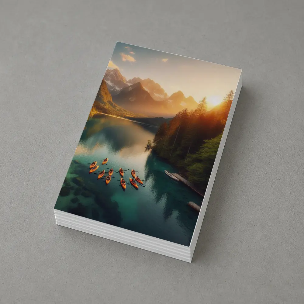 Kayaks on Mountain Lake at Sunset – Postcards