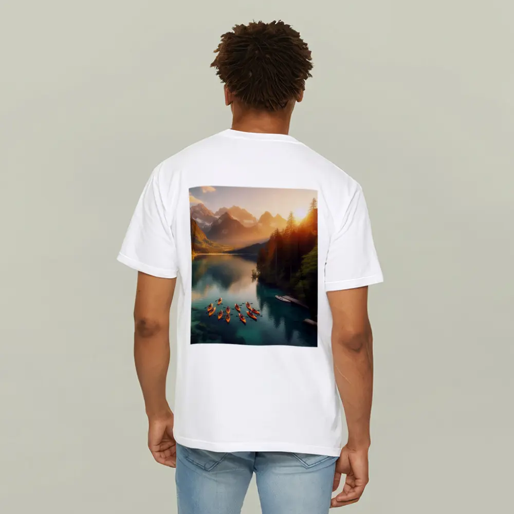 Kayaks on Mountain Lake at Sunset – T-Shirts