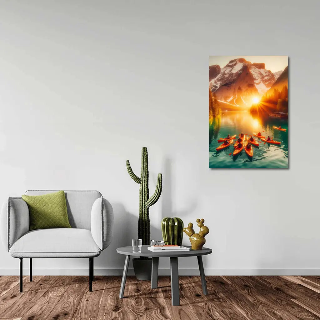 Kayakers Paddling Alpine Lake Mountain Sunset – Wall Art