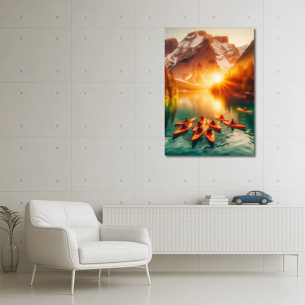 Kayakers Paddling Alpine Lake Mountain Sunset – Wall Art