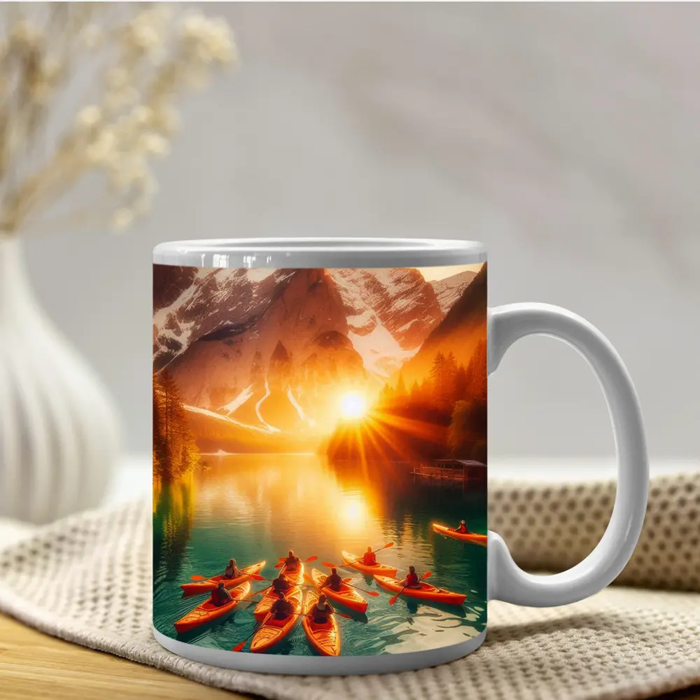 Kayakers Paddling Alpine Lake Mountain Sunset – Mugs