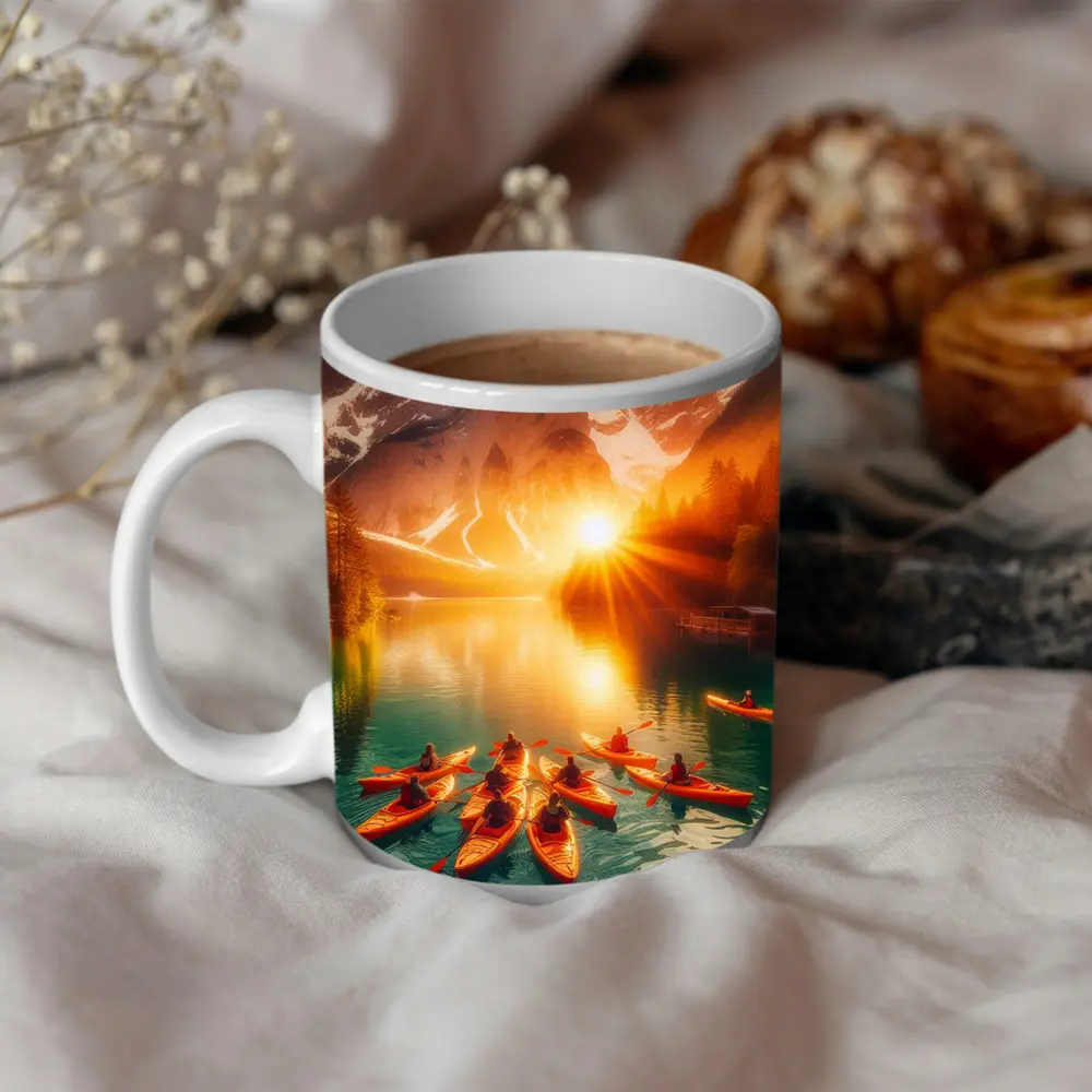 Kayakers Paddling Alpine Lake Mountain Sunset – Mugs
