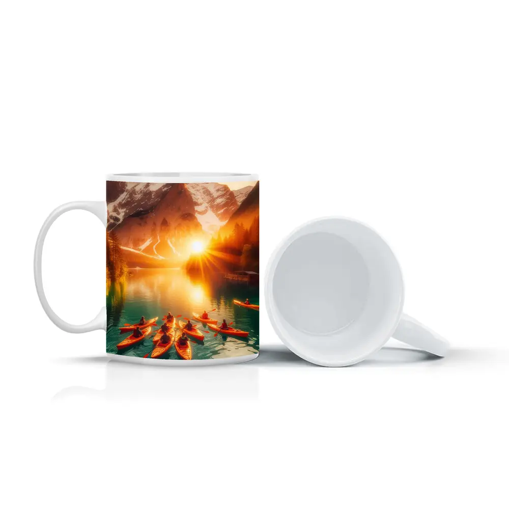 Kayakers Paddling Alpine Lake Mountain Sunset – Mugs