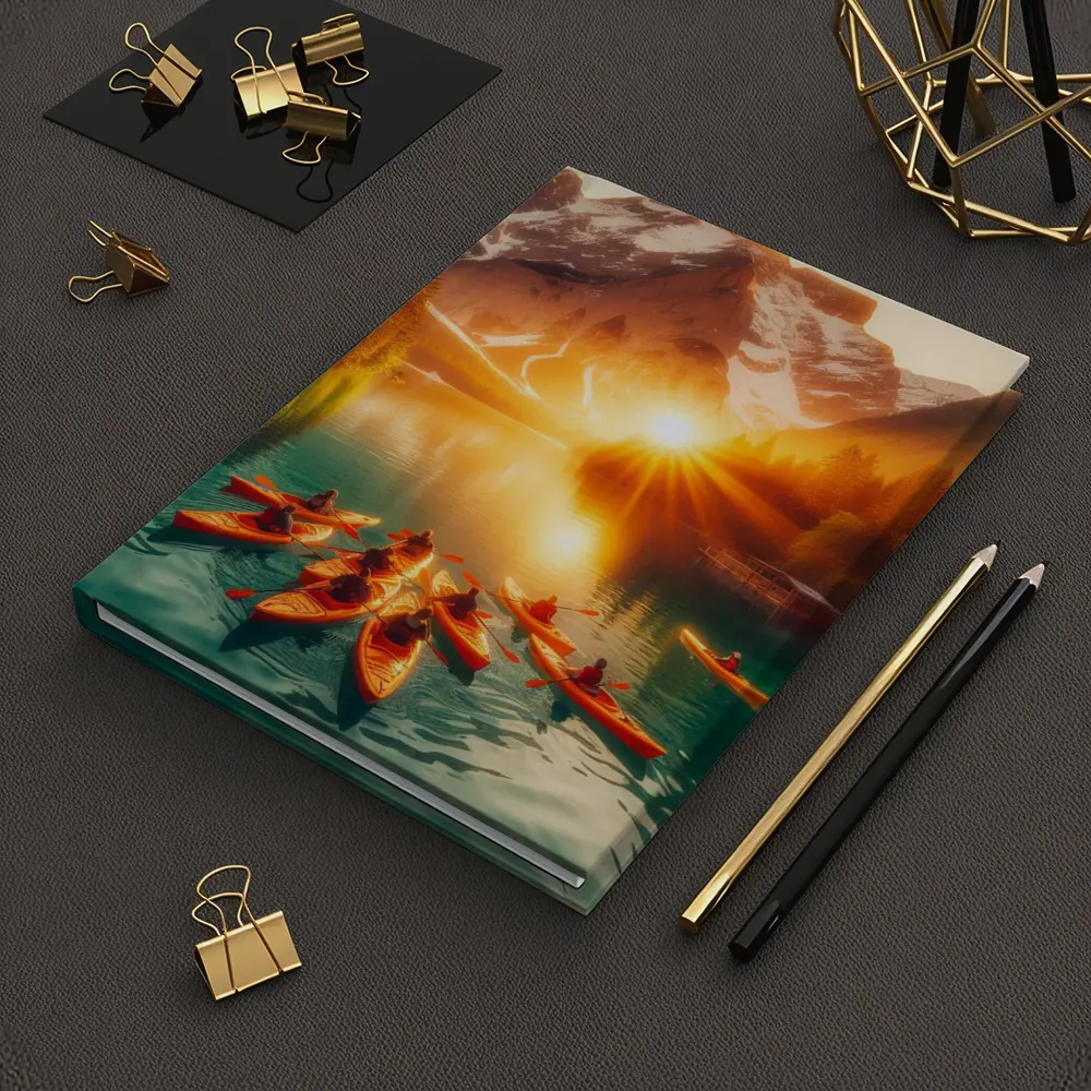 Kayakers Paddling Alpine Lake Mountain Sunset – Notebooks