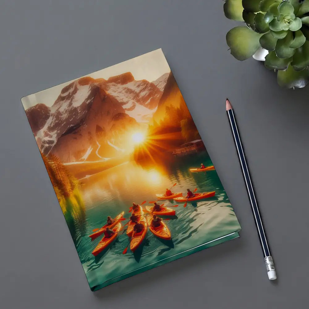 Kayakers Paddling Alpine Lake Mountain Sunset – Notebooks