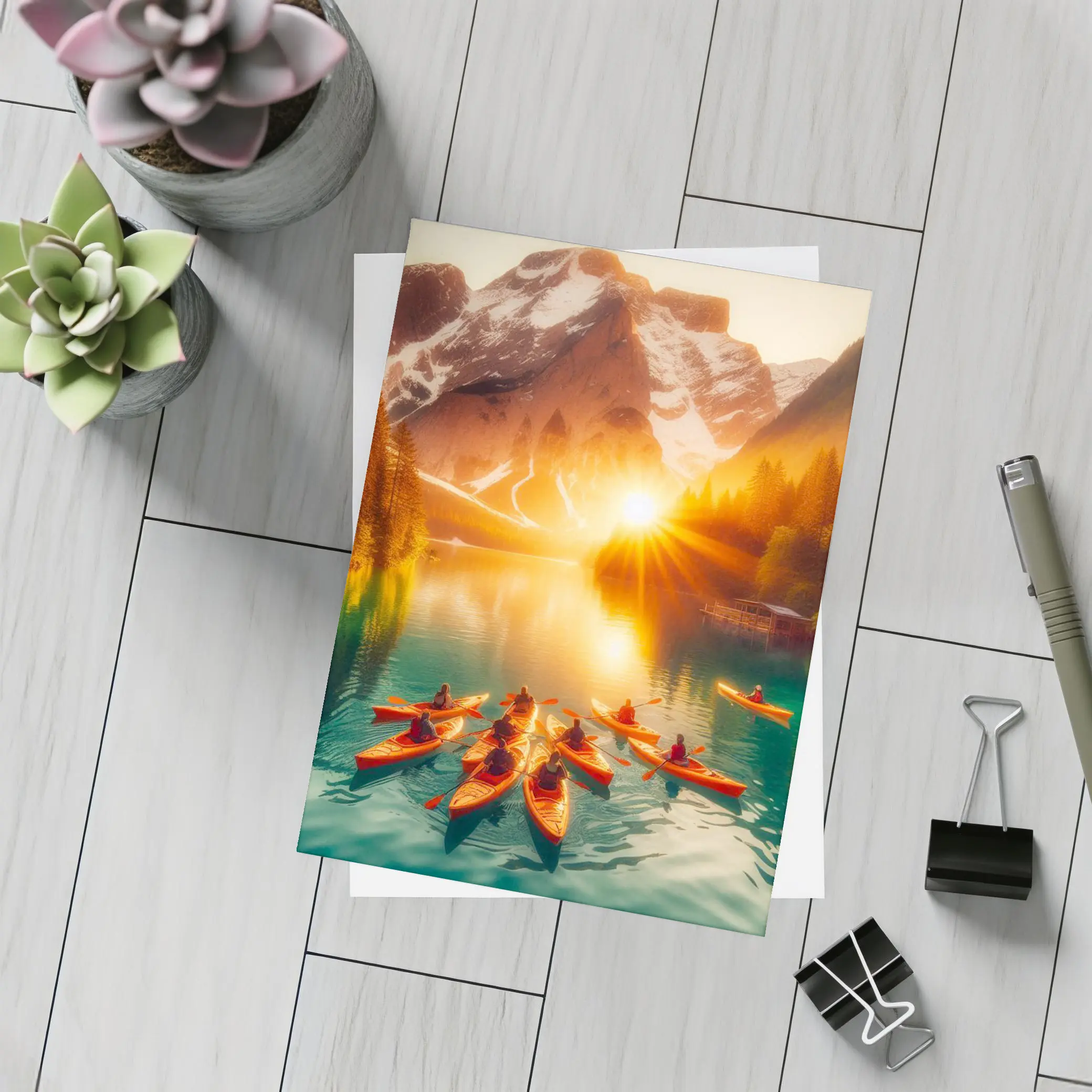 Kayakers Paddling Alpine Lake Mountain Sunset – Postcards