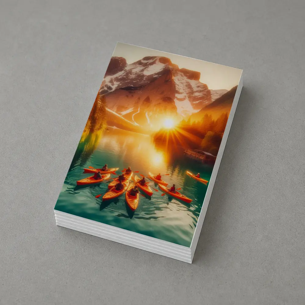 Kayakers Paddling Alpine Lake Mountain Sunset – Postcards