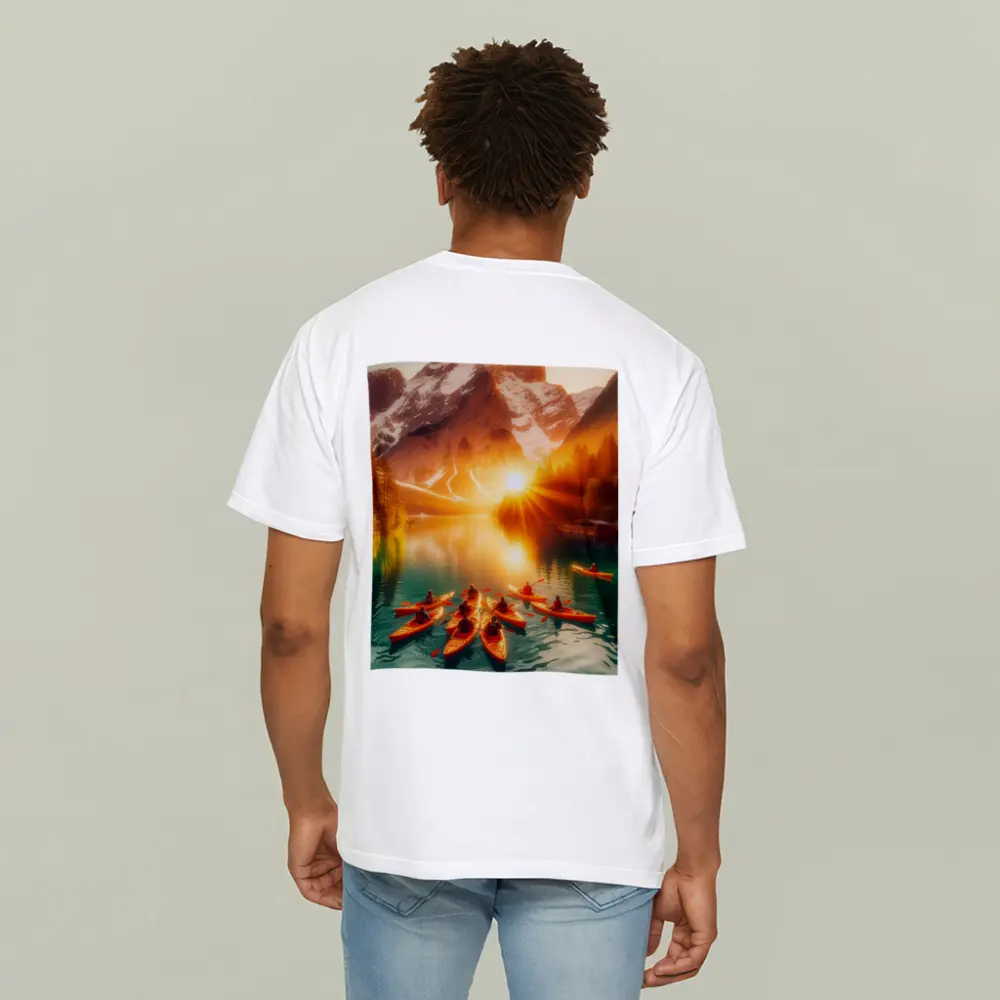 Kayakers Paddling Alpine Lake Mountain Sunset – T-Shirts