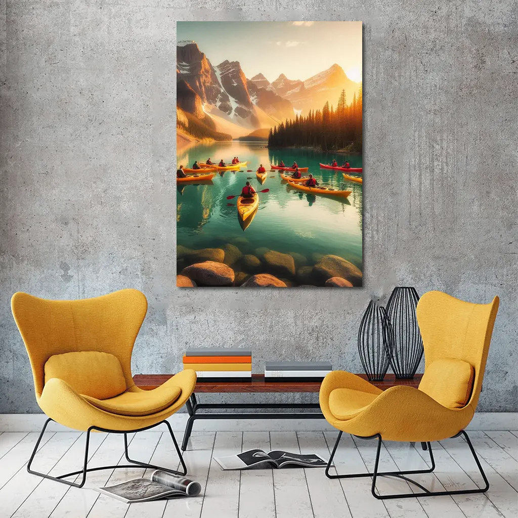Kayakers Paddling Mountain Lake Golden Sunset – Wall Art