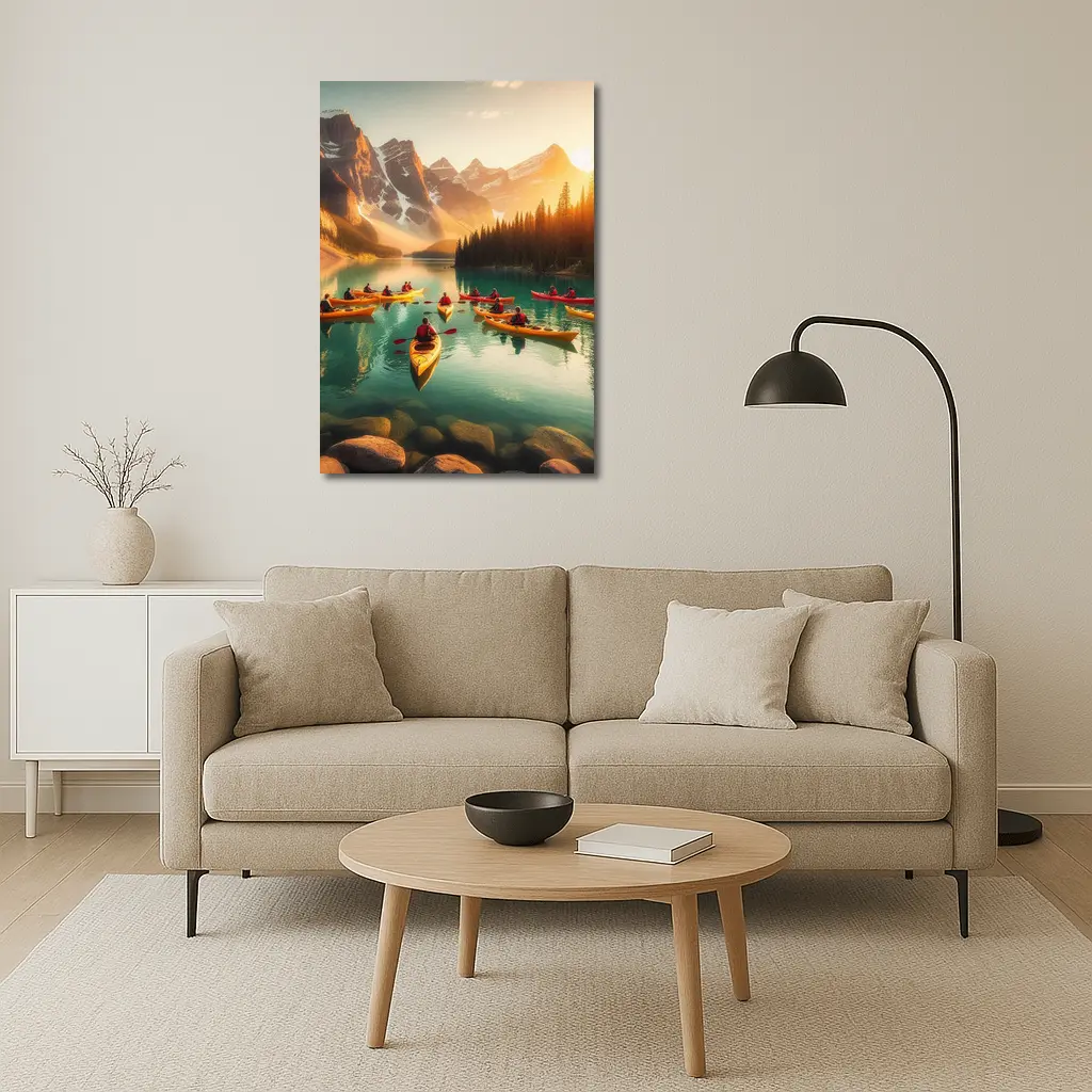 Kayakers Paddling Mountain Lake Golden Sunset – Wall Art