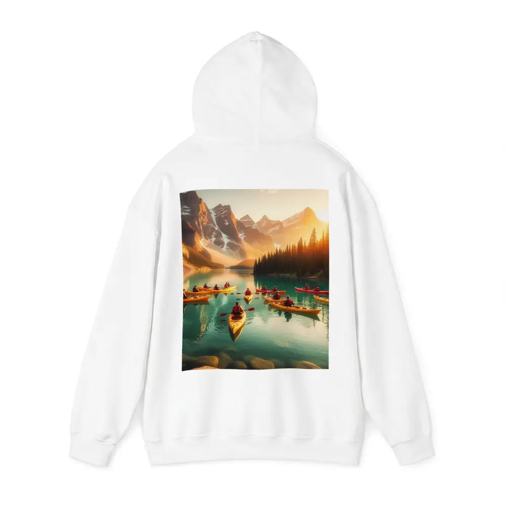 Kayakers Paddling Mountain Lake Golden Sunset – Hoodies