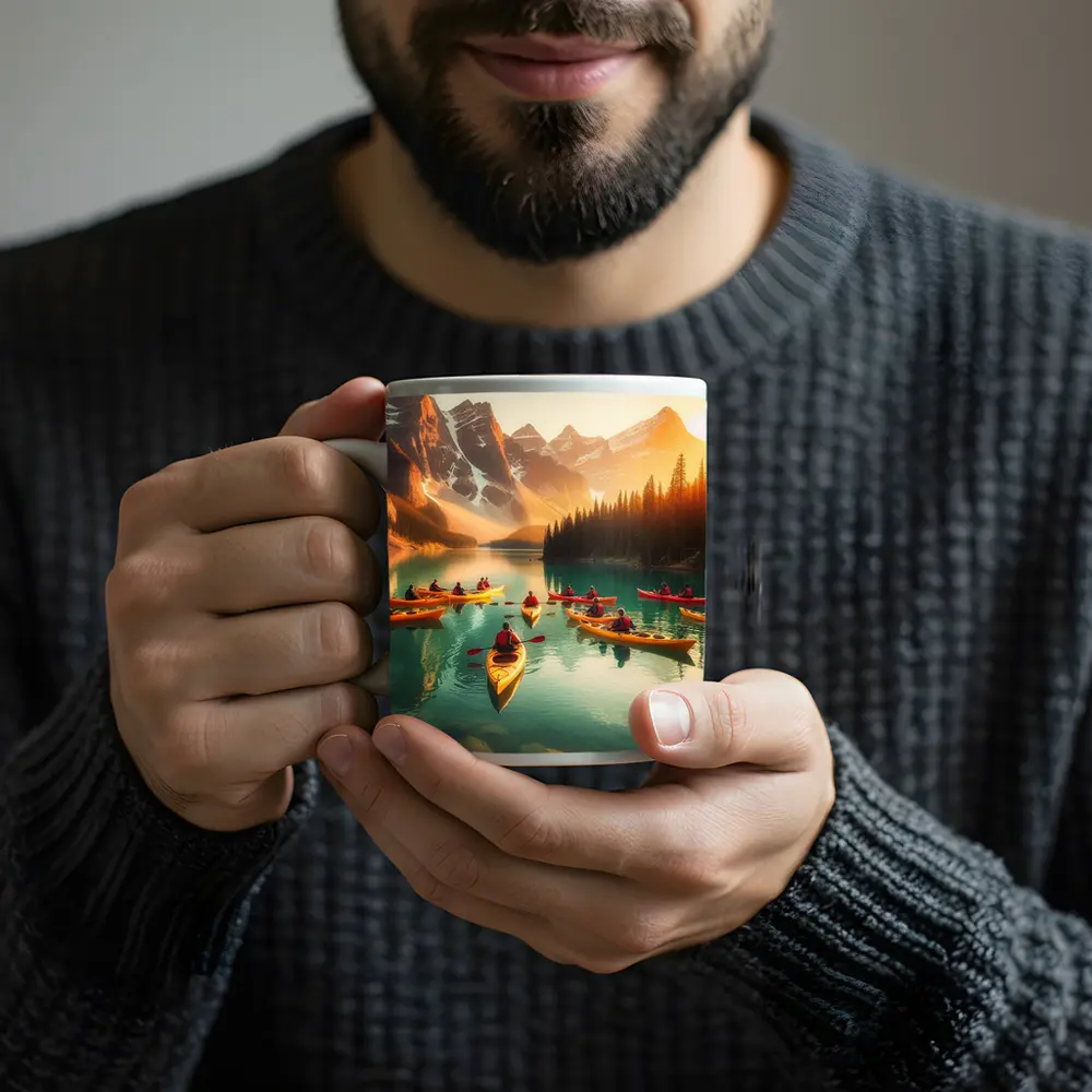 Kayakers Paddling Mountain Lake Golden Sunset – Mugs