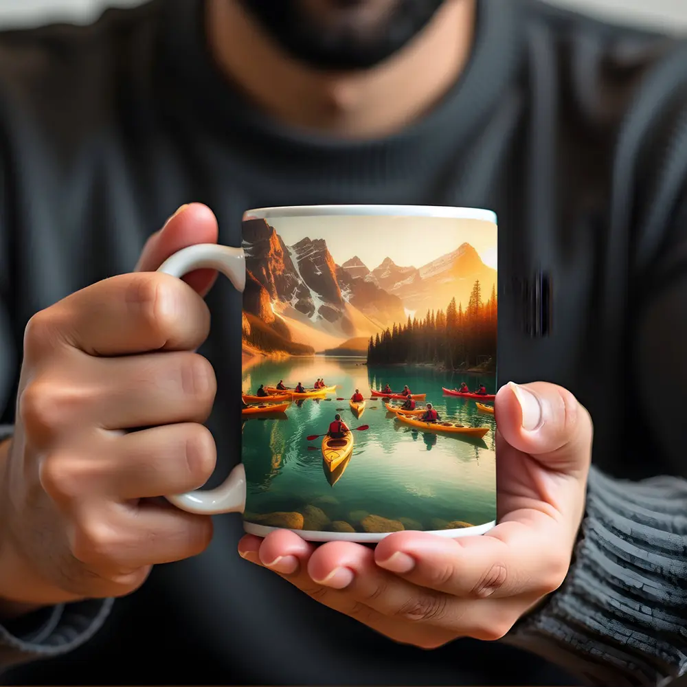 Kayakers Paddling Mountain Lake Golden Sunset – Mugs