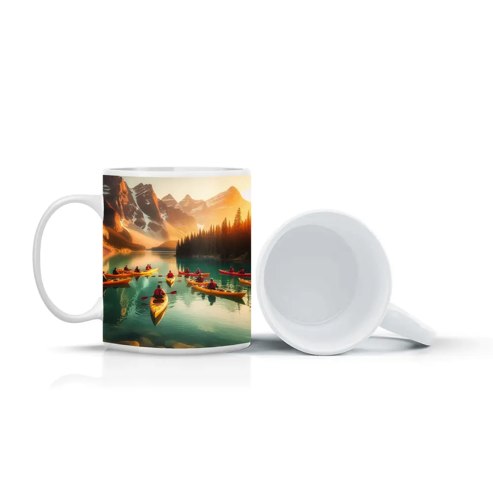 Kayakers Paddling Mountain Lake Golden Sunset – Mugs