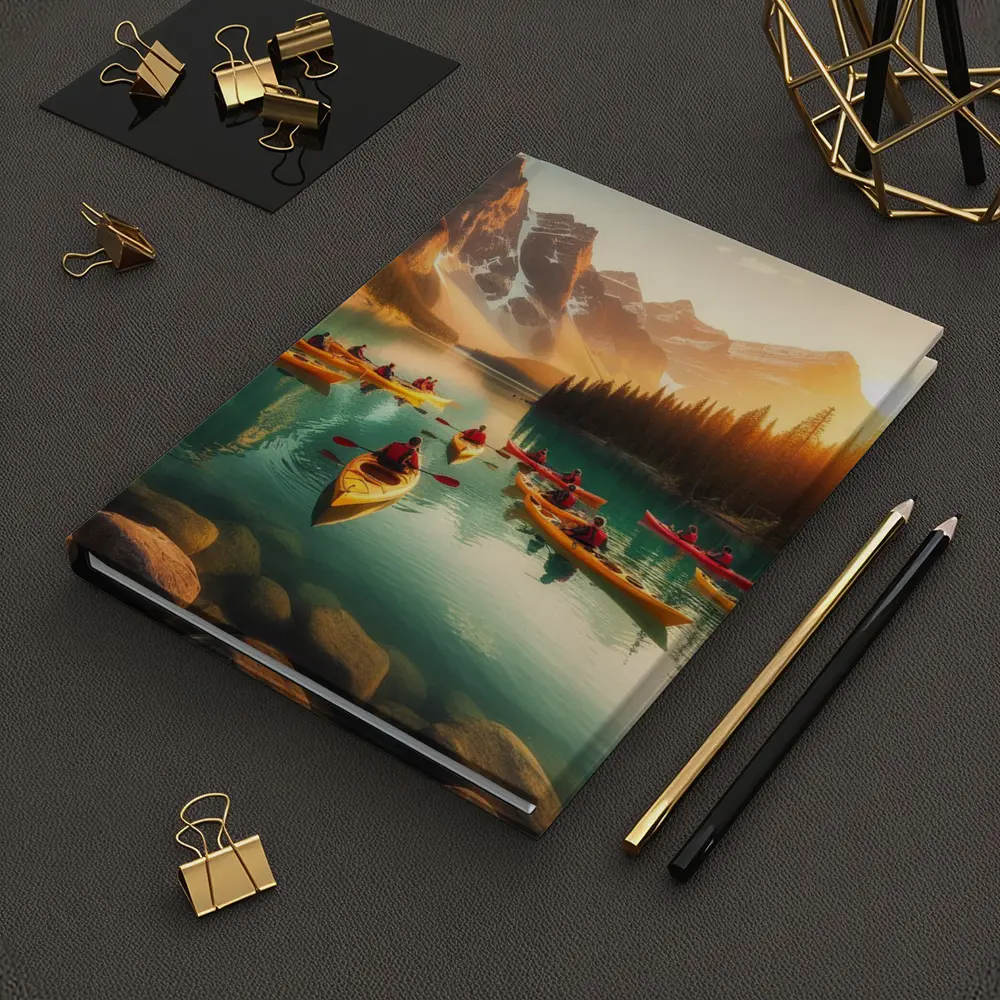 Kayakers Paddling Mountain Lake Golden Sunset – Notebooks