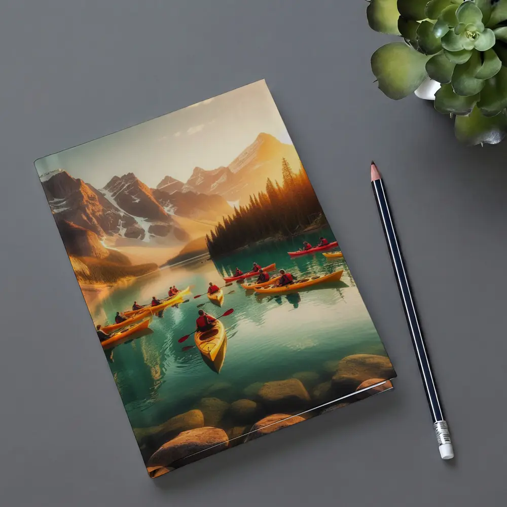 Kayakers Paddling Mountain Lake Golden Sunset – Notebooks