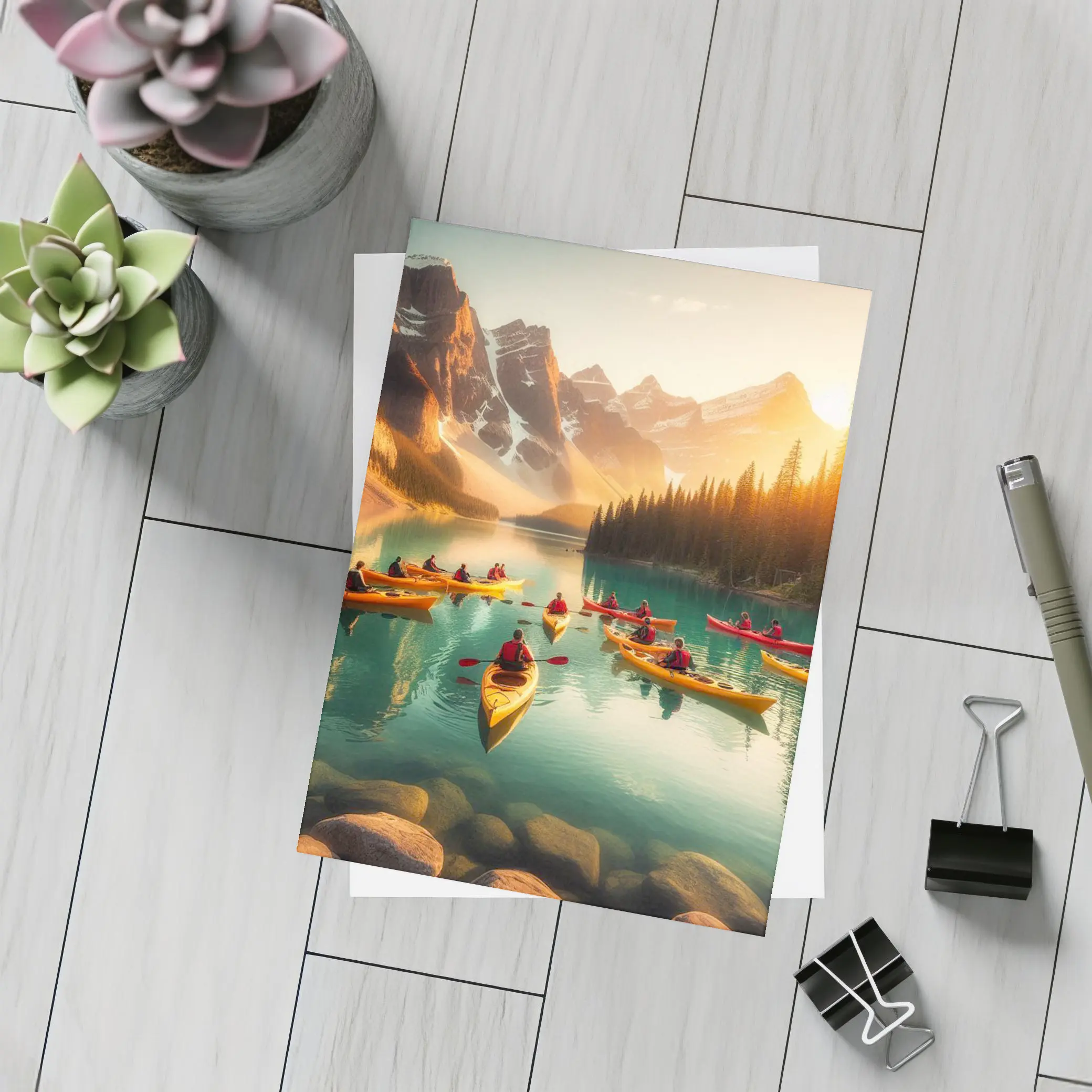 Kayakers Paddling Mountain Lake Golden Sunset – Postcards