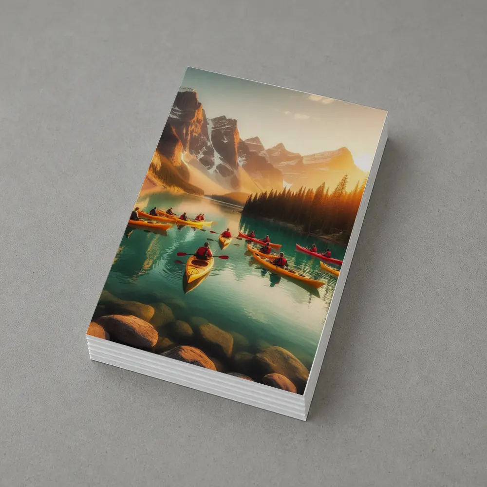 Kayakers Paddling Mountain Lake Golden Sunset – Postcards