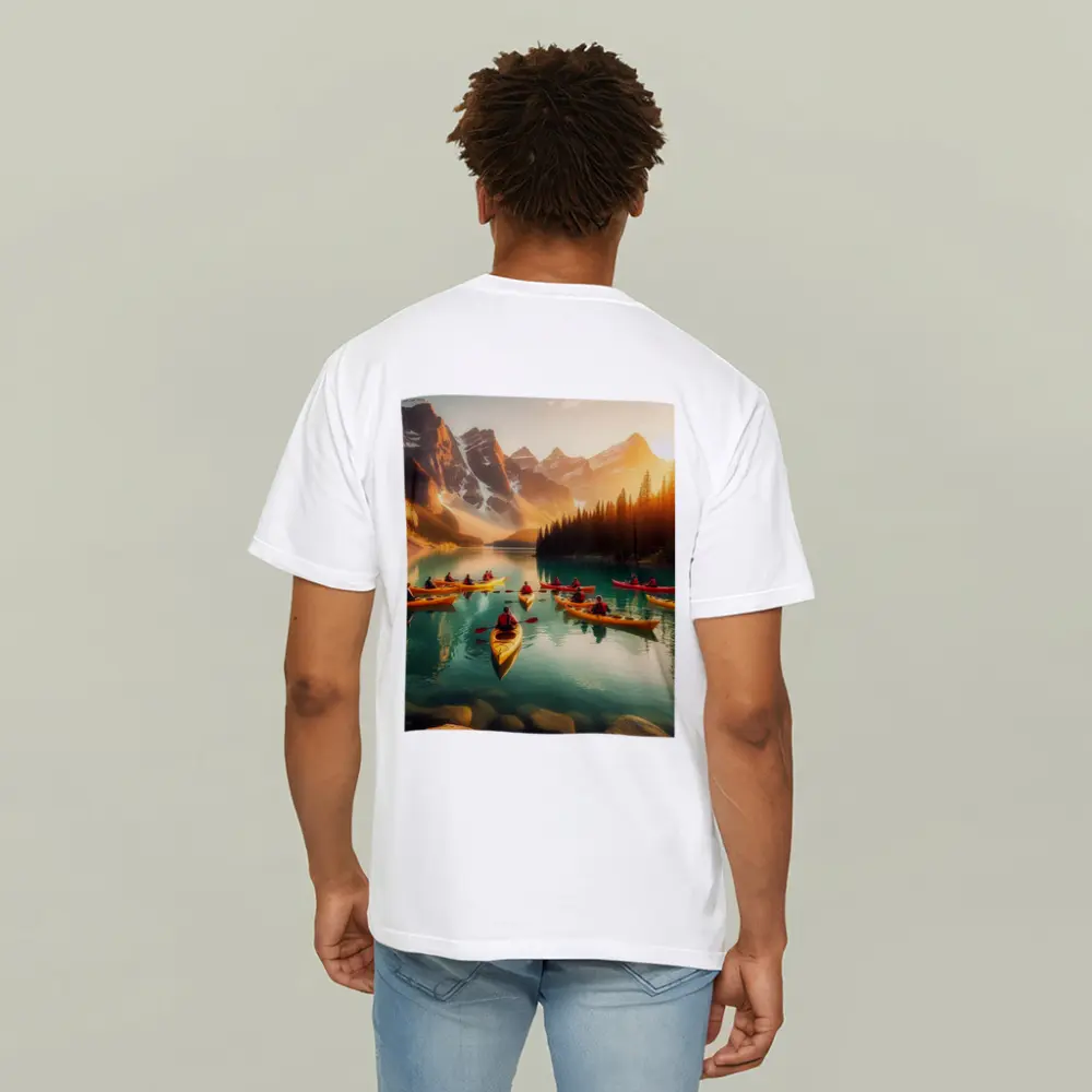 Kayakers Paddling Mountain Lake Golden Sunset – T-Shirts